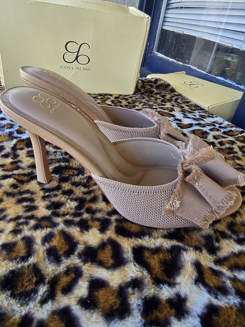 Cozy Island Women's Blush Nude Bow Open Toe Heels Size 7.5